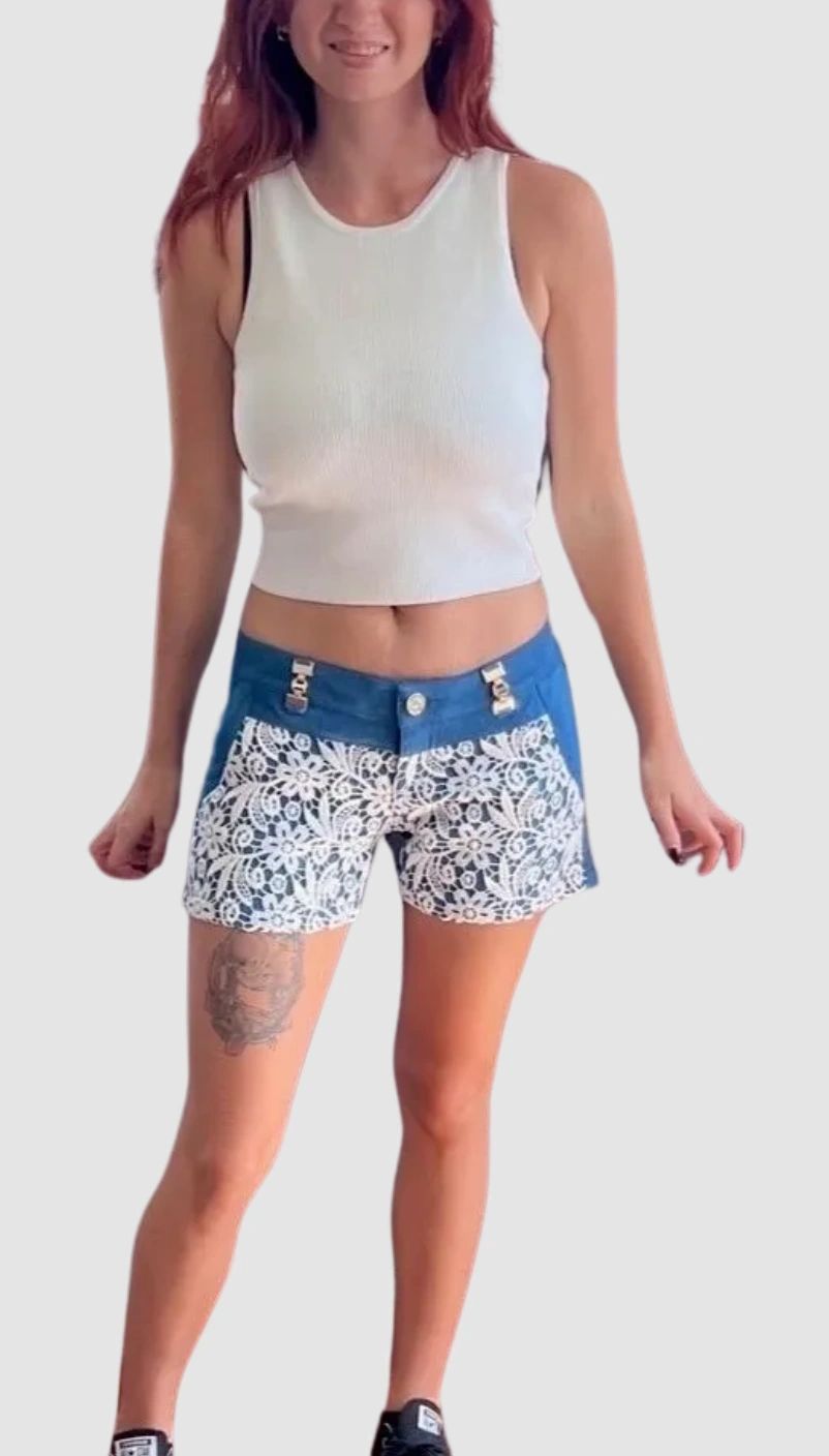 The Lacey Denim Short ~ Lace Front Short with hardware Small/Medium and Medium/Large in LIght Blue and Dark Blue I TOO
