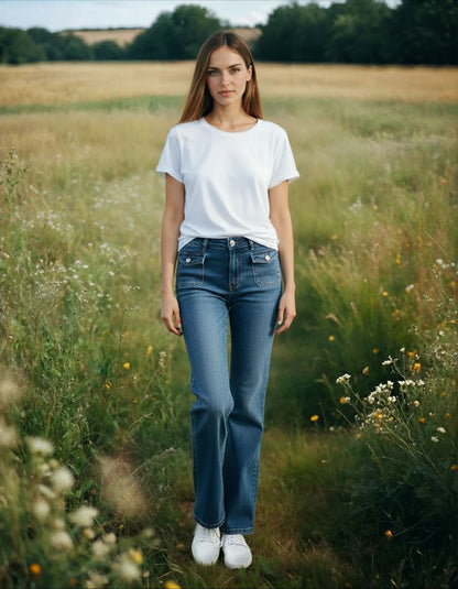 THE BABE Jean ~ Low Rise Seamed Flare Front Pocket 2 Button Closure YMI Jean