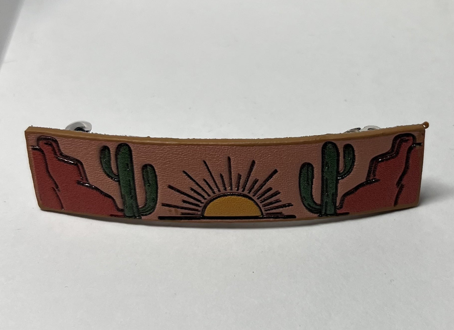 Leather Hair Barrette with Desert Scene and Sunset