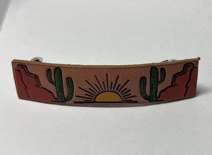 Leather Hair Barrette with Desert Scene and Sunset