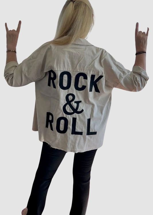 Rock & Roll Beige Long Sleeved Jacket ~ Slightly Oversized, Stretch Cuffed / Rolled with Collar & Button Front ~ I Too