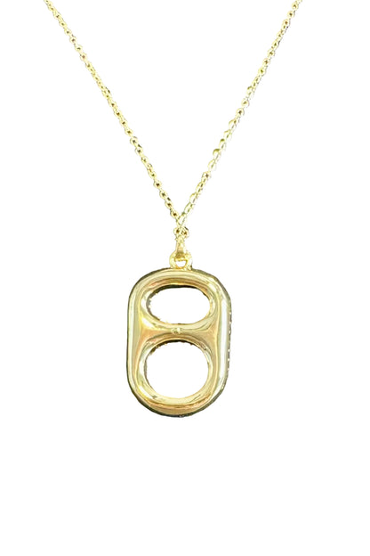 Close up blackout luxe pop tab pendant necklace gold and black rhinestones back reversible