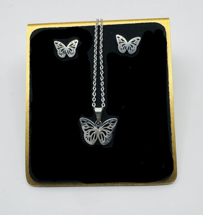 Sofia Butterfly Stainless Steel Earring & Necklace Set – Silver or Gold