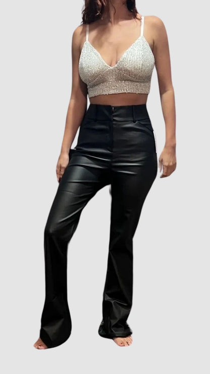 Faux Leather High Waisted Wide Leg Flare Trousers