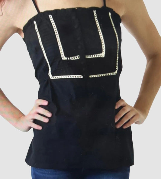 The Angie Black Cotton Tank Top with Adjustable Spaghetti Straps & Beige Embroidery & Tie Back