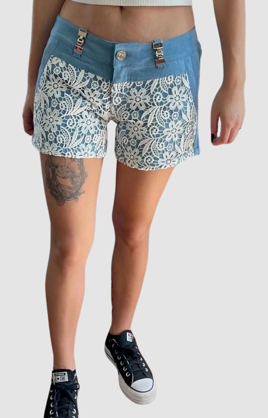 The Lacey Denim Short ~ Lace Front Short with hardware Small/Medium and Medium/Large in LIght Blue and Dark Blue I TOO