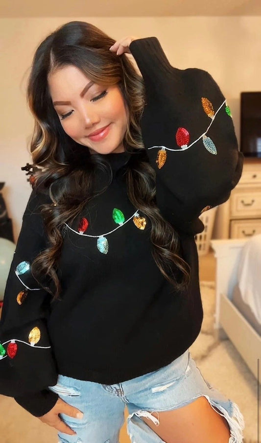 Black Holiday String of LIghts Sequin Bell Long Sleeve Sweater