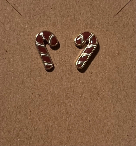 Red and White Candycane Earrings with Gold and White Painted Highlights