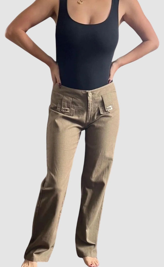 Low Rise 'Beachy ' Trouser Pant - Polyester but Feels and Lays like Linen Khaki Olive Green , White / Beige and Black~ I TOO