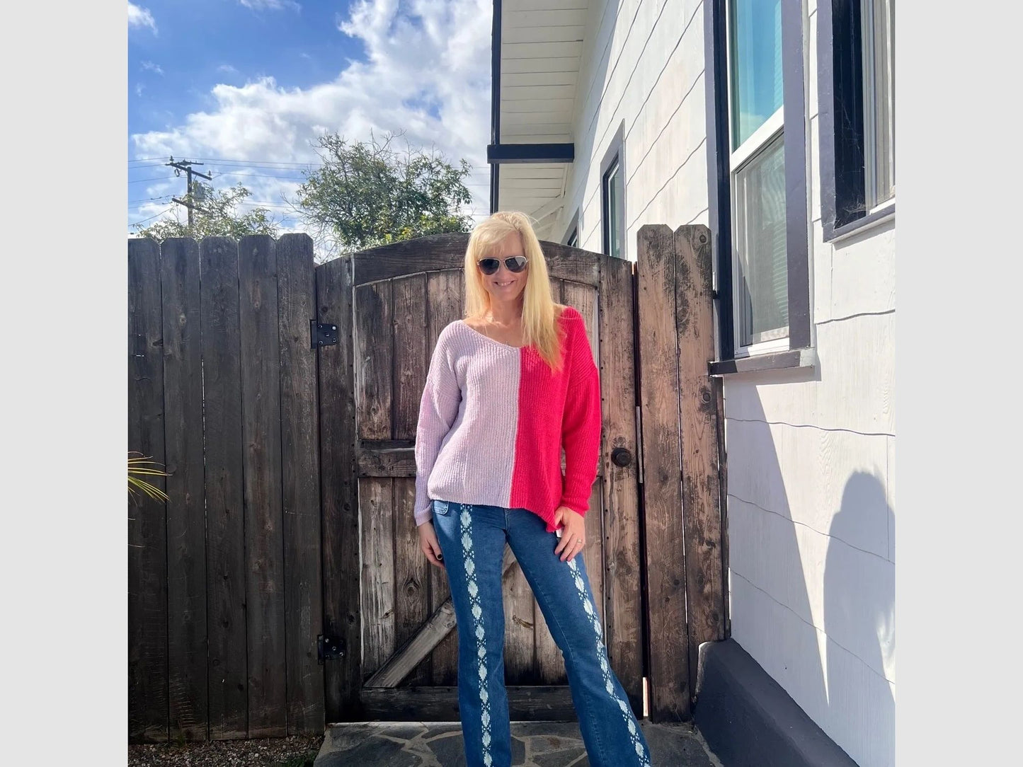 Pink and Lilac Color Block Sweater Slight V Neck