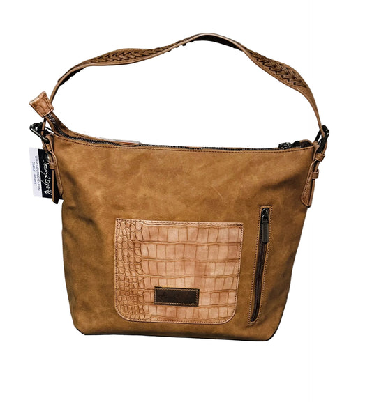 Brown Croc Print Concealed Carry Whipstitch Hobo Purse  Back Croc Pocket