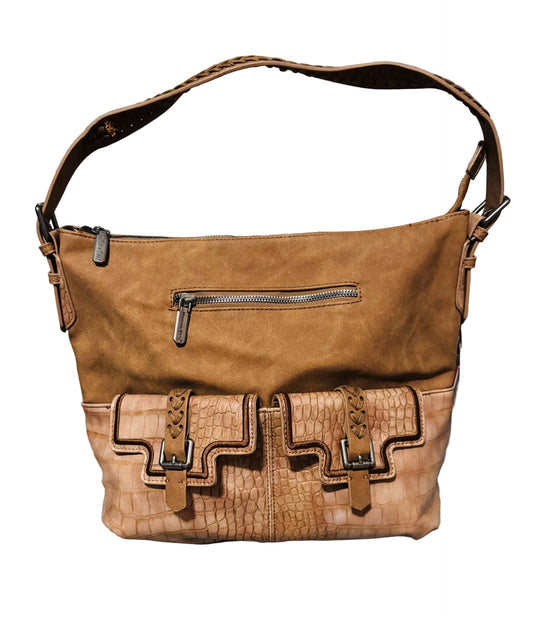 Brown Croc Print Concealed Carry Whipstitch Hobo Purse Front