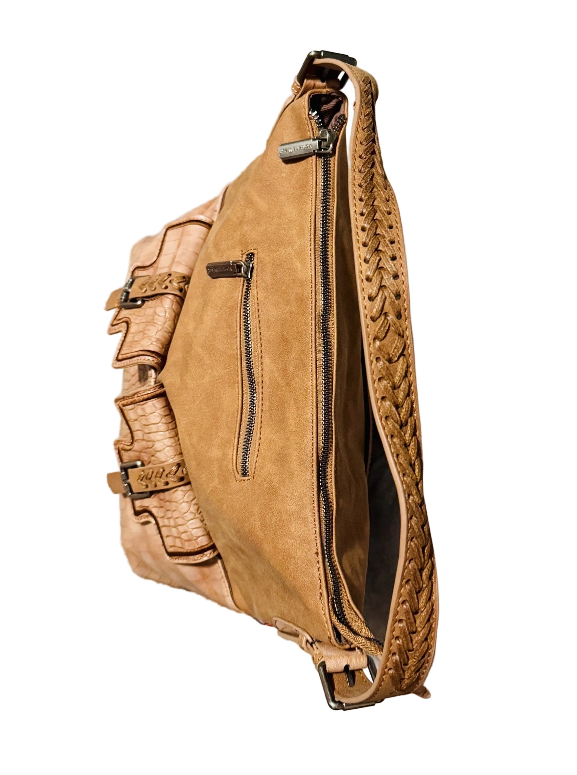 Brown Croc Print Concealed Carry Whipstitch Hobo Purse Top View with Zipper Closure