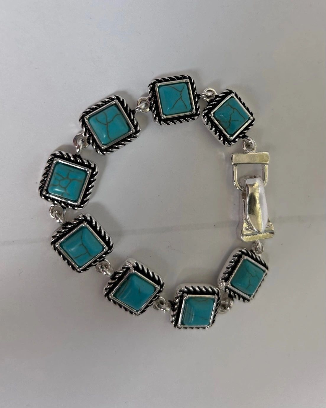 Silver Brass Turquoise Square Concho Bracelet