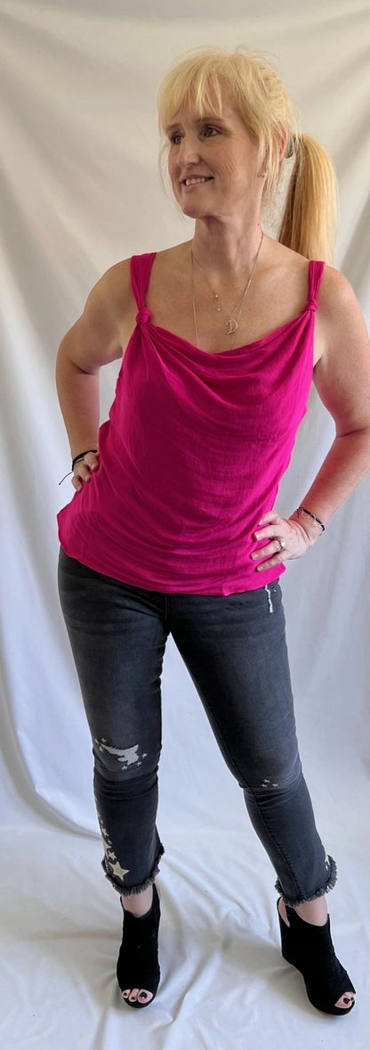 Hot Pink Luxurious Cowl Neck Knotted Tank