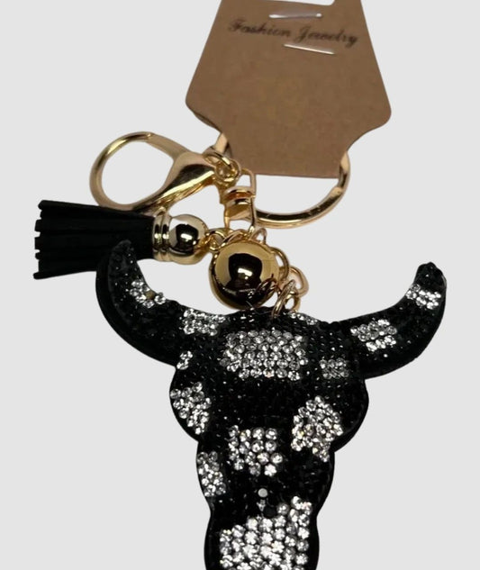 Rhinestone Black and White Steer Head Keychain