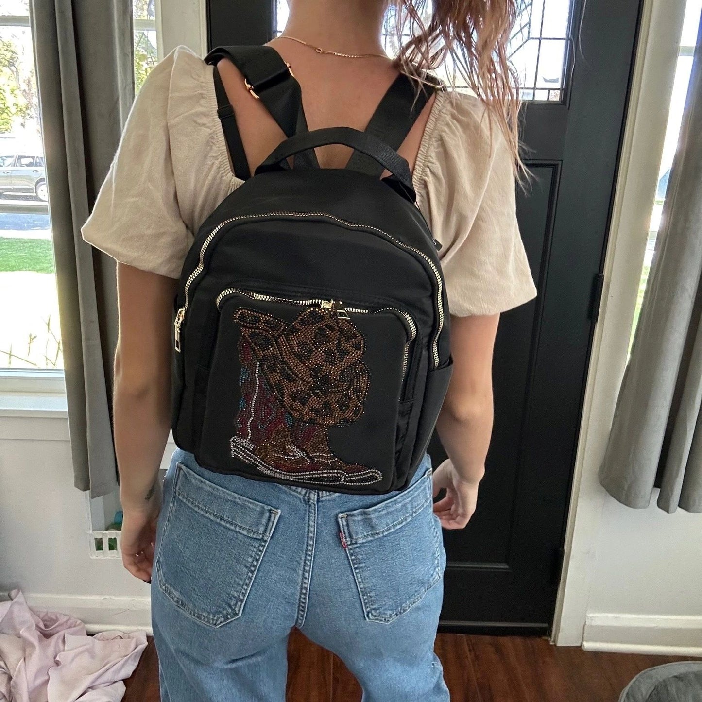 Western Rhinestone Backpack Cowgirl Hat and Boots Adjustable