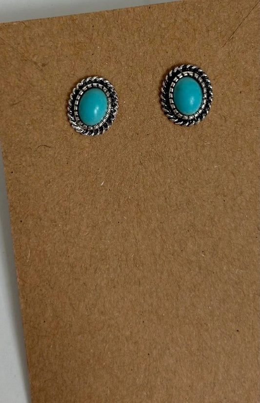OVAL TURQUOISE SILVER BLACK POST EARRINGS