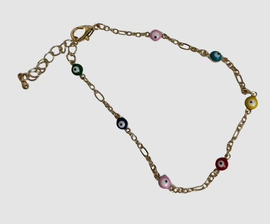Gold Bracelet with multi color EVIL EYE - Adjustable