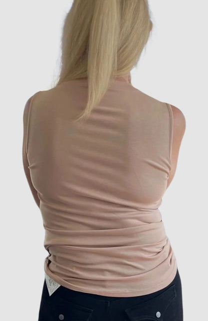 The Front Twist Bailey Sleevless Top with Peek a Boo / Cold Shoulder Cut Out in Tan