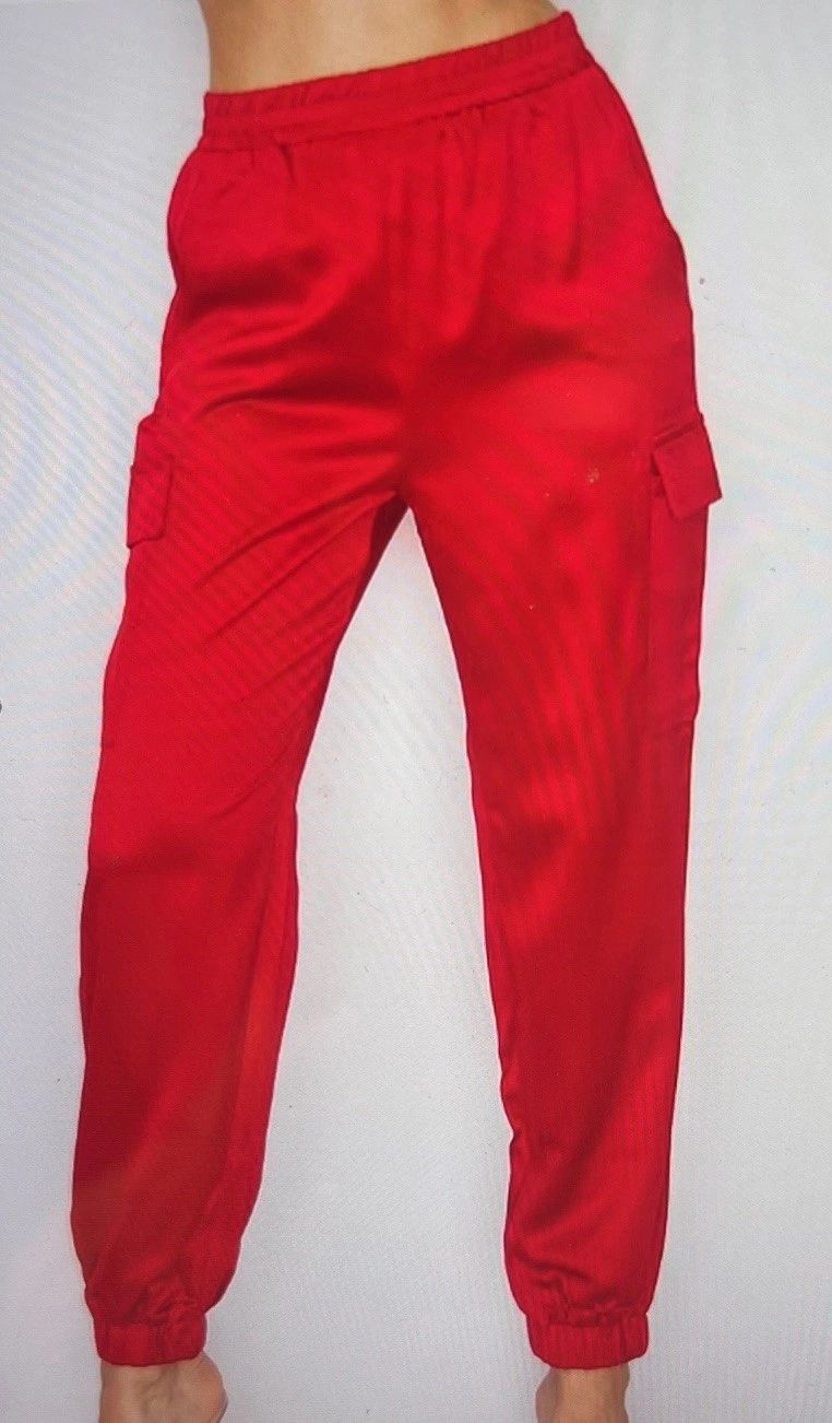 The Perfect Satin Cargo Jogger Pants Elastic Waist and Hem Side Flap Pockets Full Length Tapered