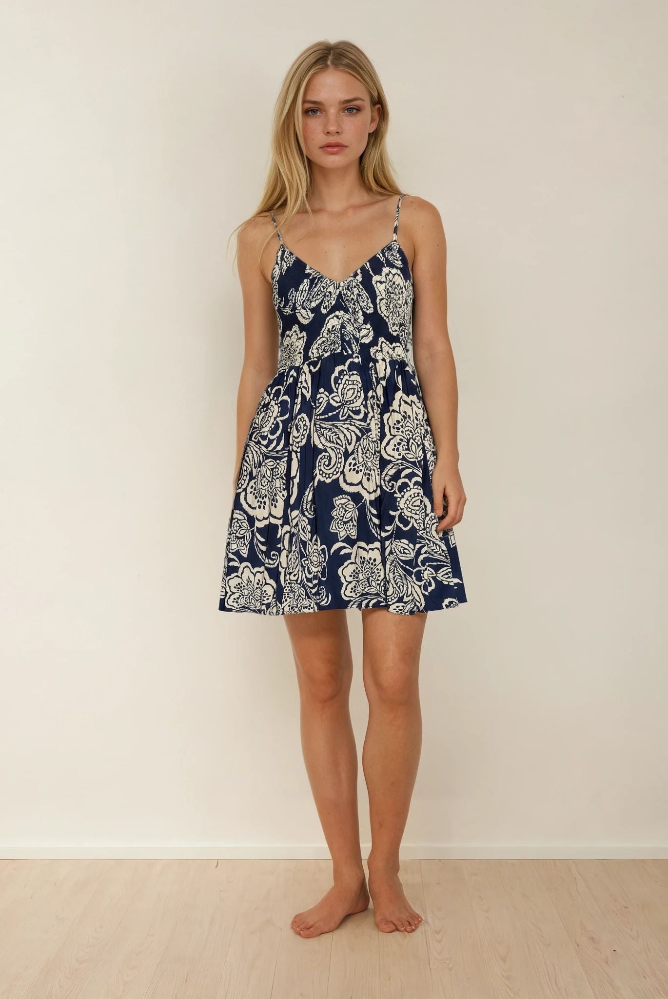 Navy Bloom Smocked Mini Dress