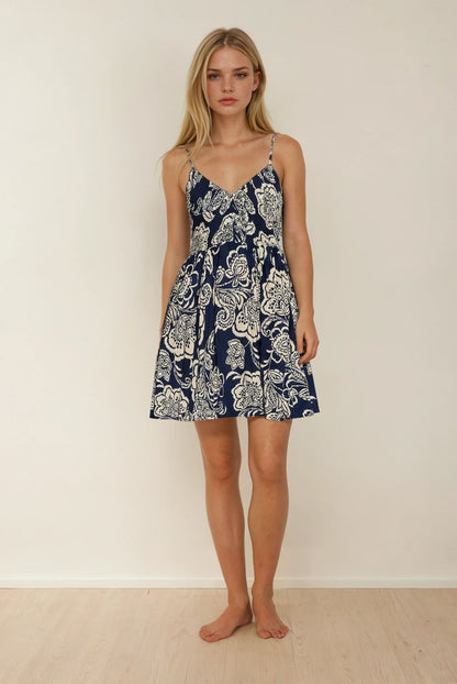 Navy Bloom Smocked Mini Dress