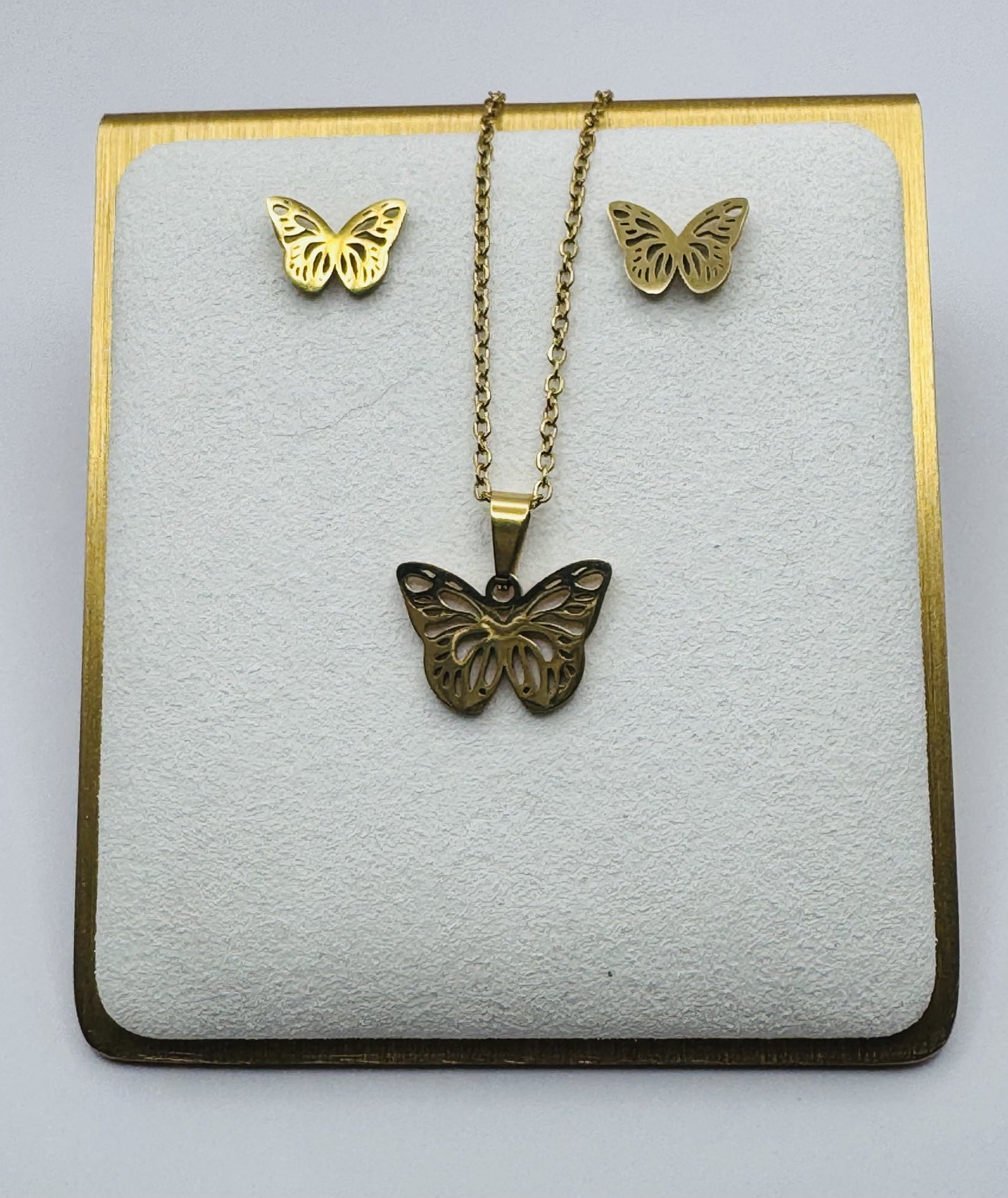 Sofia Butterfly Stainless Steel Earring & Necklace Set – Silver or Gold