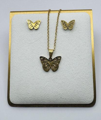 Sofia Butterfly Stainless Steel Earring & Necklace Set – Silver or Gold