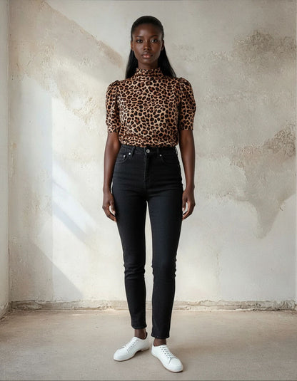 Leopard Tailored Top with Shoulder Pad Detail and Fitted Slight Crop
