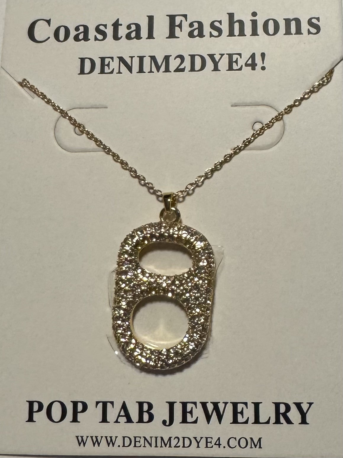 Luxe Sun Kissed Gold Floating Pop Tab Pendant Necklace  18K Gold Coated Brass, All Clear Rhinestones poptab