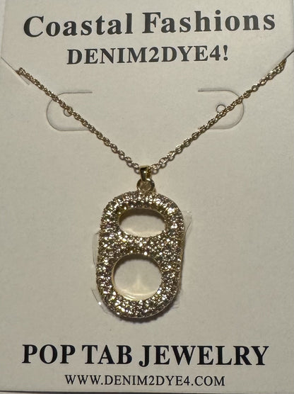 Luxe Sun Kissed Gold Floating Pop Tab Pendant Necklace  18K Gold Coated Brass, All Clear Rhinestones poptab