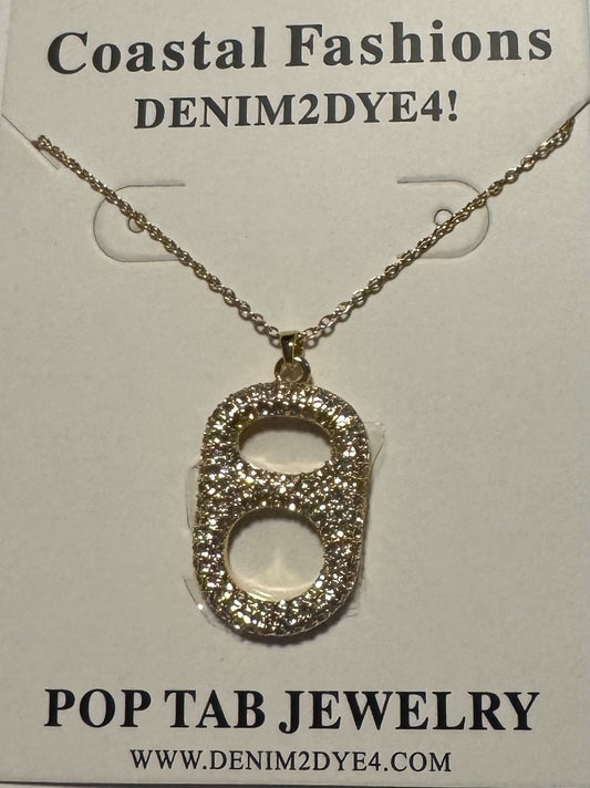 Luxe Sun Kissed Gold Floating Pop Tab Pendant Necklace  18K Gold Coated Brass, All Clear Rhinestones poptab