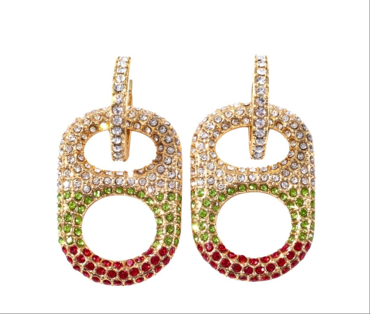 Mistletoe Magic Ombre Rhinestone Pop Tab Drop Earrings – 18K gold plated with red, clear, and green rhinestones, festive chic jewelry