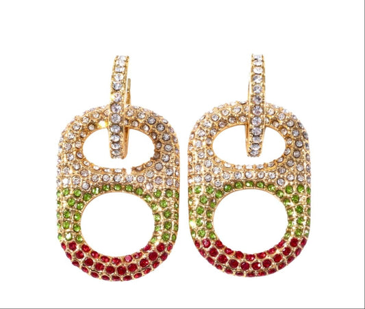 Mistletoe Magic Ombre Rhinestone Pop Tab Drop Earrings – 18K gold plated with red, clear, and green rhinestones, festive chic jewelry