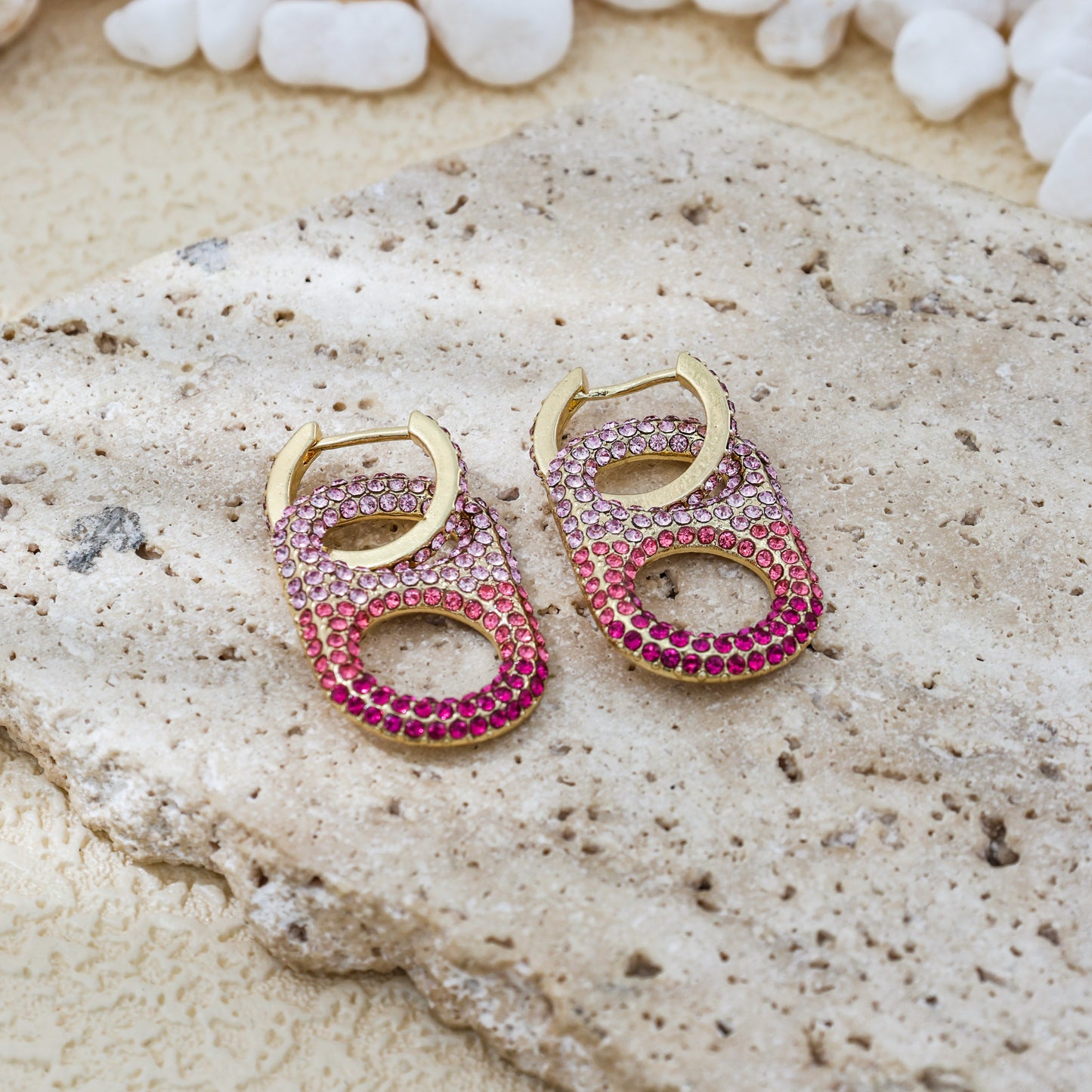 Pop Tab Rhinestone Earrings - Pink Ombre :  Brass and 18K Gold