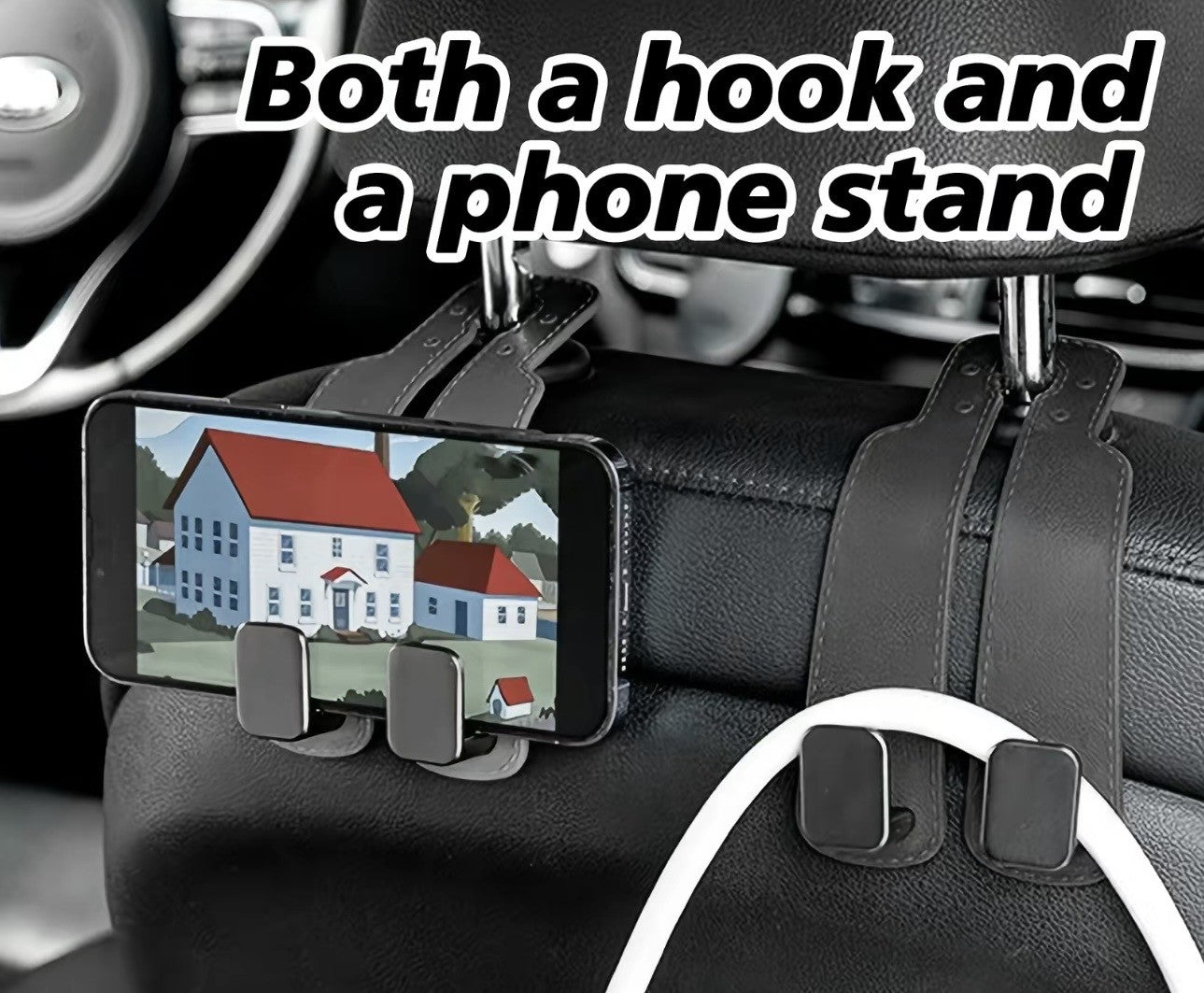 Black and Gray Leather  Purse Perch™ luxury car organizer holding a tote bag and a cell phone for entertainment viewing for back seat passengers. 