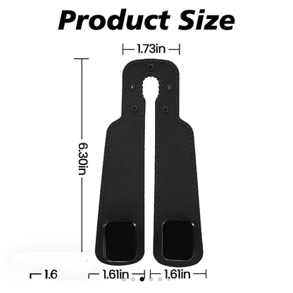Product size diagram of aThe Purse Perch™ leather car headrest hook holding a handbag in a luxury vehicle interior.