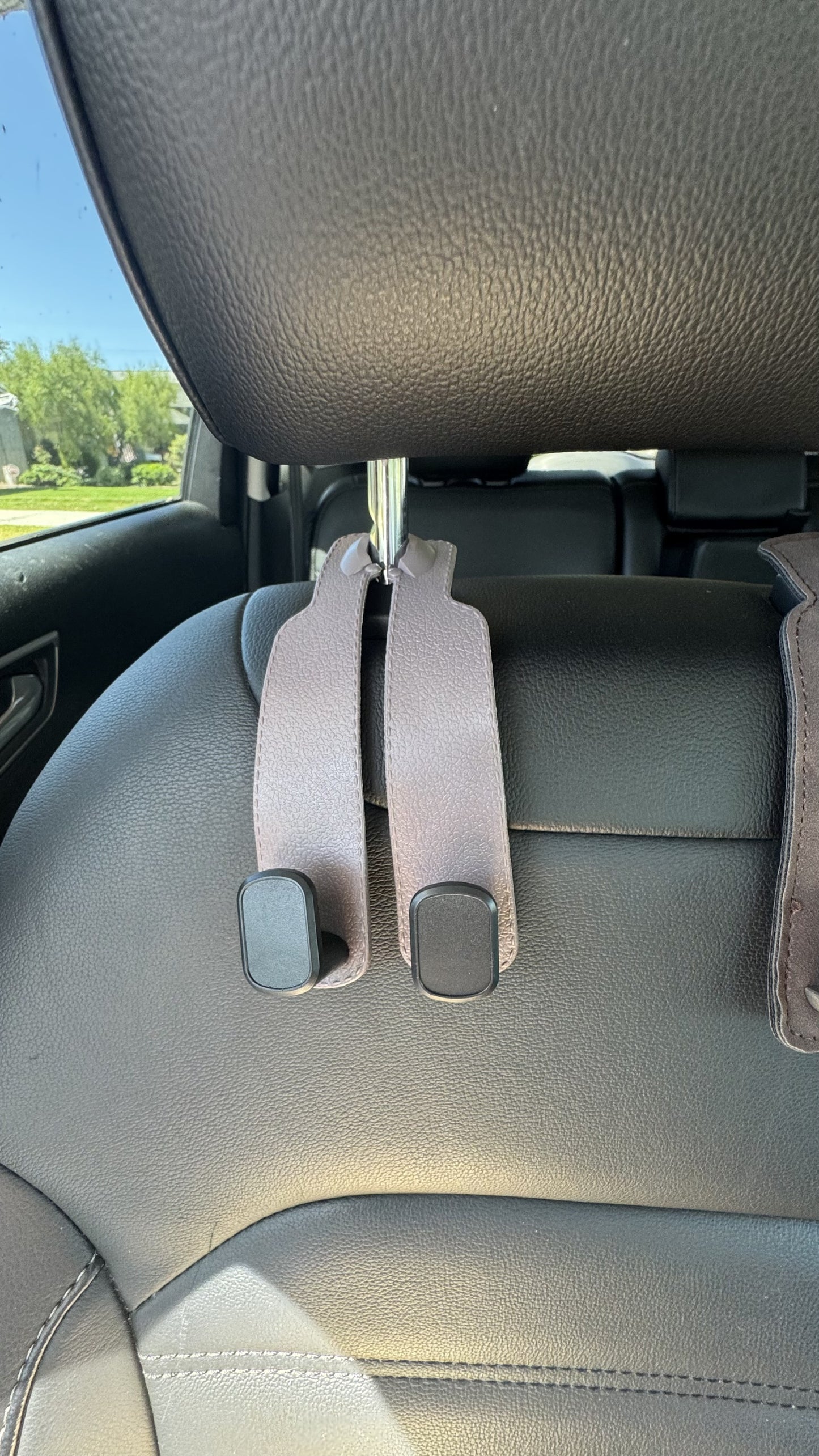The Purse Perch™ | Leather or Suede Car Headrest Hook & Phone Holder in Black, Brown or Gray