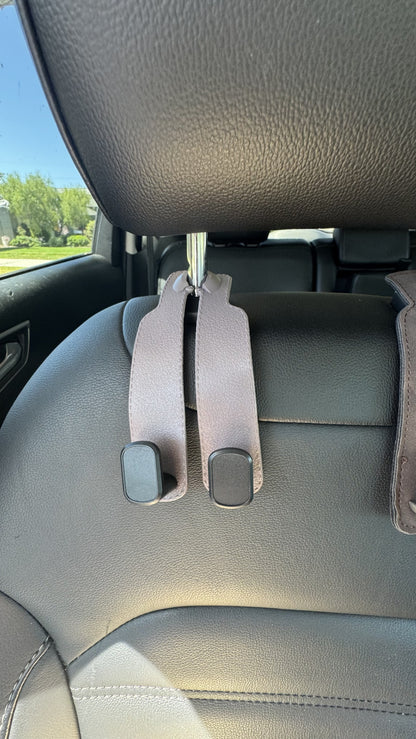 The Purse Perch™ | Leather or Suede Car Headrest Hook & Phone Holder in Black, Brown or Gray