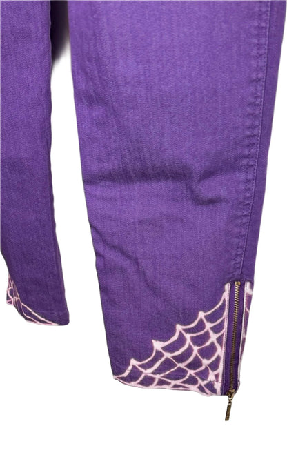Spider and Web Spooky Halloween Hand Bleached Straight Leg Tapered Leg with Zipper and Gold Hardware Purple Iman Jeans Size 16  Womenswear Bottom Super Stretch