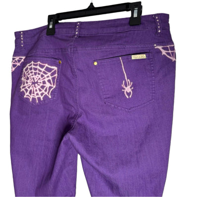 Spider and Web Spooky Halloween Hand Bleached Straight Leg Tapered Leg with Zipper and Gold Hardware Purple Iman Jeans Size 16  Womenswear Bottom Super Stretch