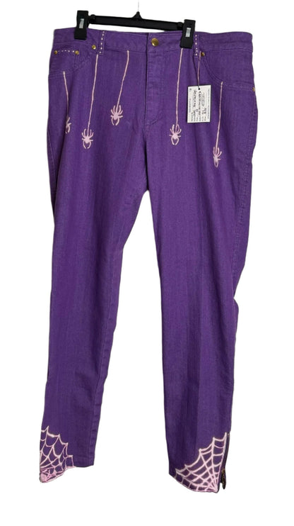 Spider and Web Spooky Halloween Hand Bleached Straight Leg Tapered Leg with Zipper and Gold Hardware Purple Iman Jeans Size 16  Womenswear Bottom Super Stretch