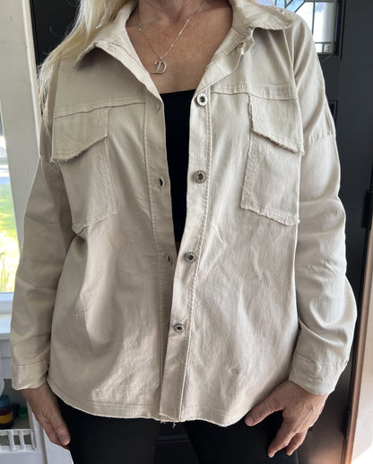 Rock & Roll Beige Long Sleeved Jacket ~ Slightly Oversized, Stretch Cuffed / Rolled with Collar & Button Front ~ ITOO
