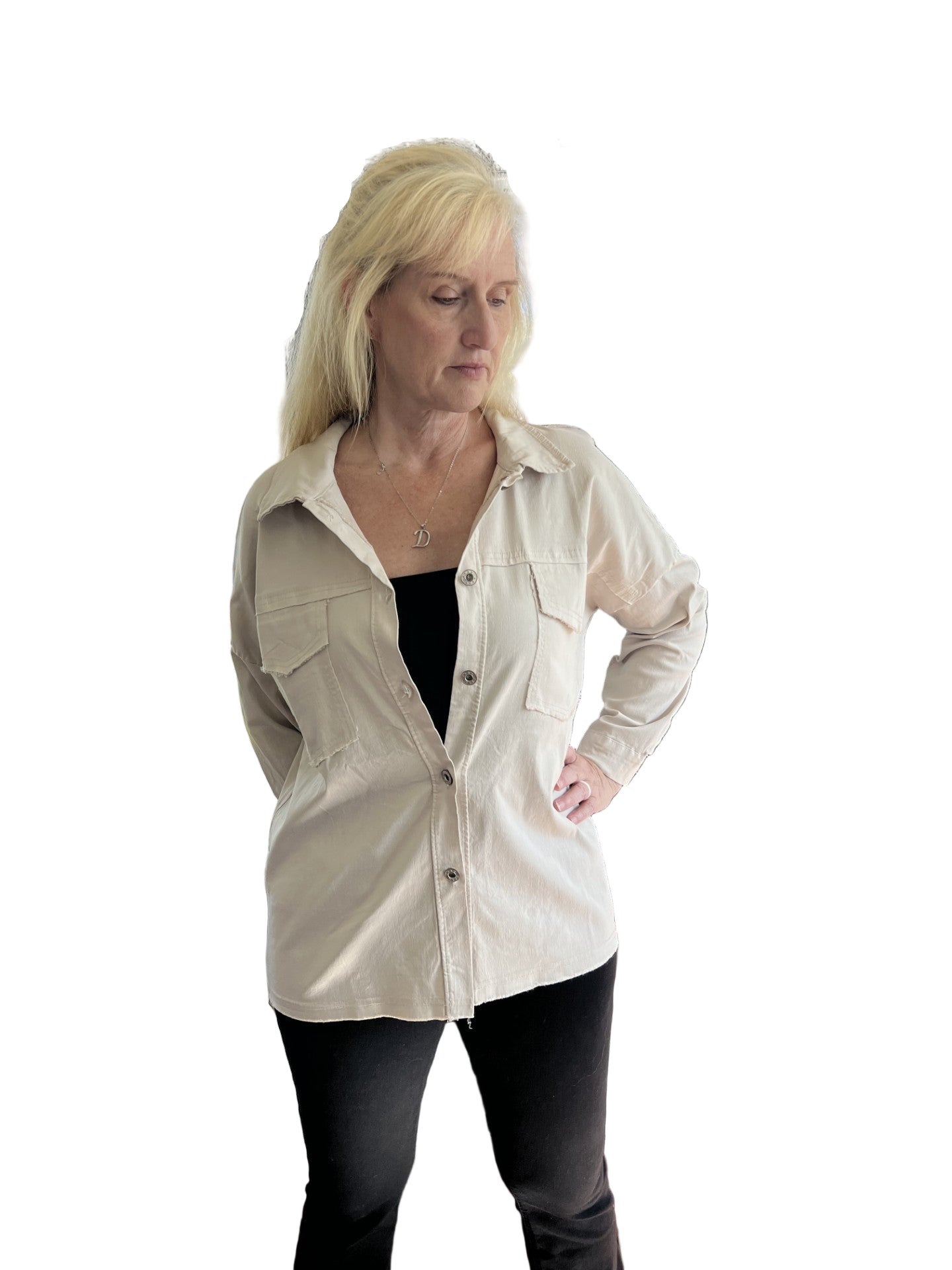 Rock & Roll Beige Long Sleeved Jacket ~ Slightly Oversized, Stretch Cuffed / Rolled with Collar & Button Front ~ ITOO