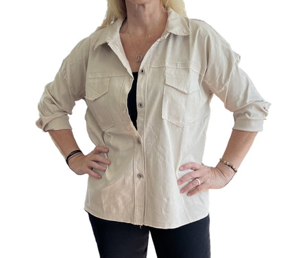 Rock & Roll Beige Long Sleeved Jacket ~ Slightly Oversized, Stretch Cuffed / Rolled with Collar & Button Front ~ ITOO
