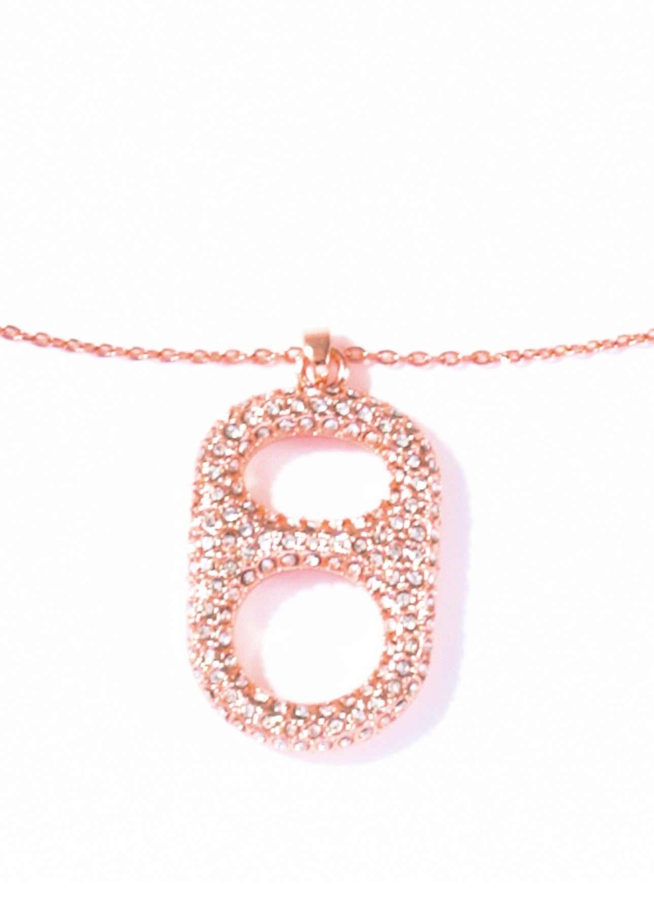 Luxe Rose Gold Floating Pop Tab Pendant Necklace Rose Gold Coated Brass, All Clear Rhinestones on Front poptab