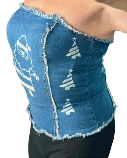 Santa Claus and Christmas Tree Denim Tube Top Hand Bleached Design Party for Women Zip Back Stretchy Comfortable Bustier Frayed Hem