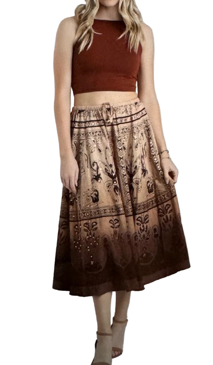 Namaste Brown Ombre Floral Patterned Skirt with Drawstring and Sequin Highlights Midi / Long Length