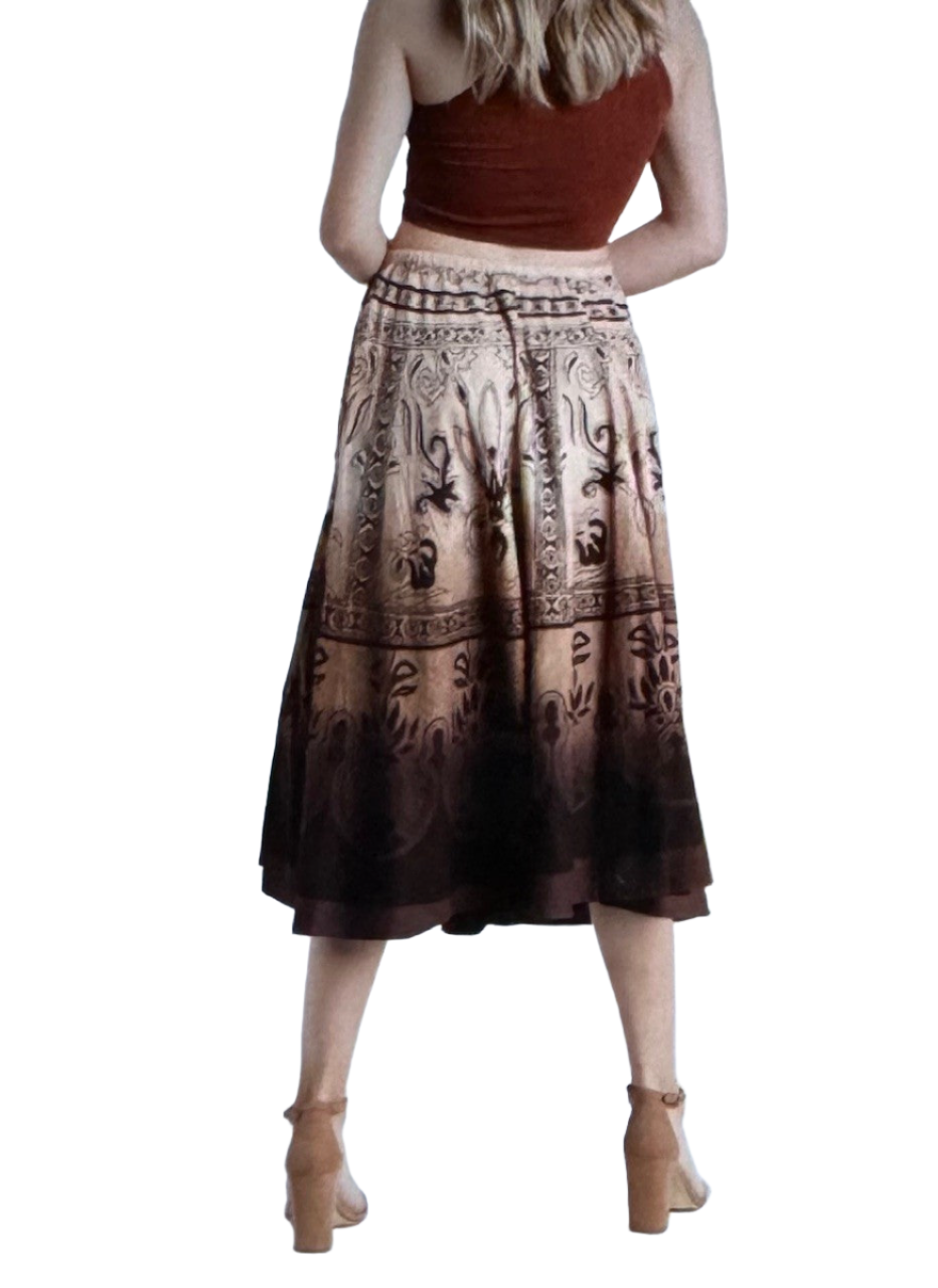 Namaste Brown Ombre Floral Patterned Skirt with Drawstring and Sequin Highlights Midi / Long Length